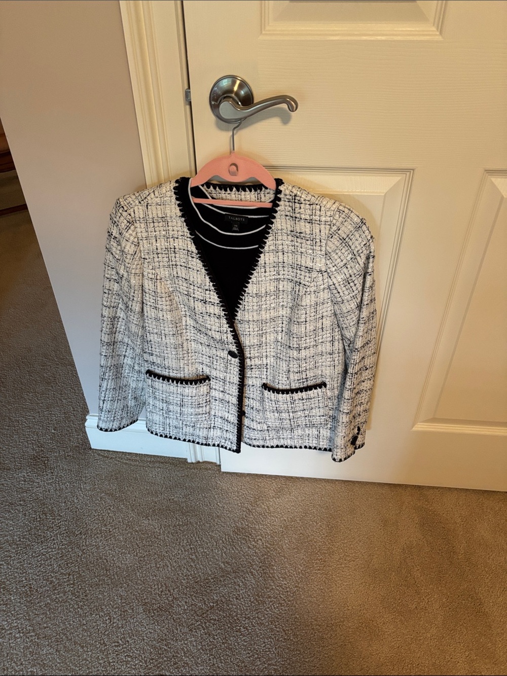 Talbots Black and White Tweed Collarless Blazer